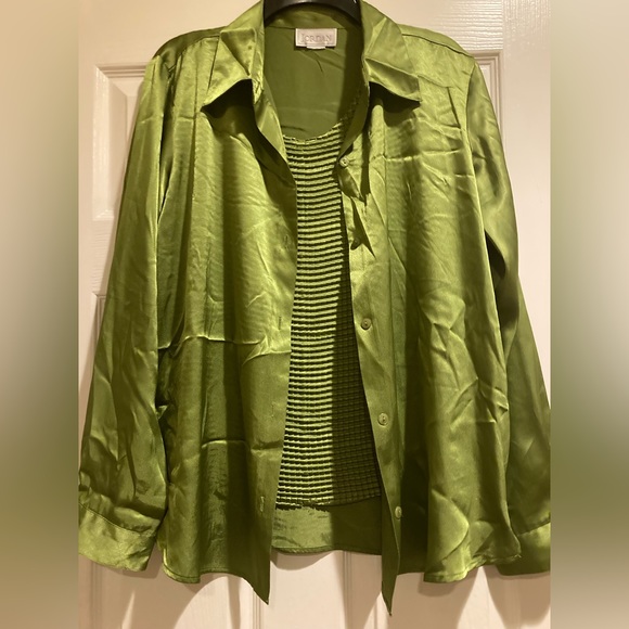 Jordan Tops Beautiful Green Satin Long Sleeve Button Down Blouse